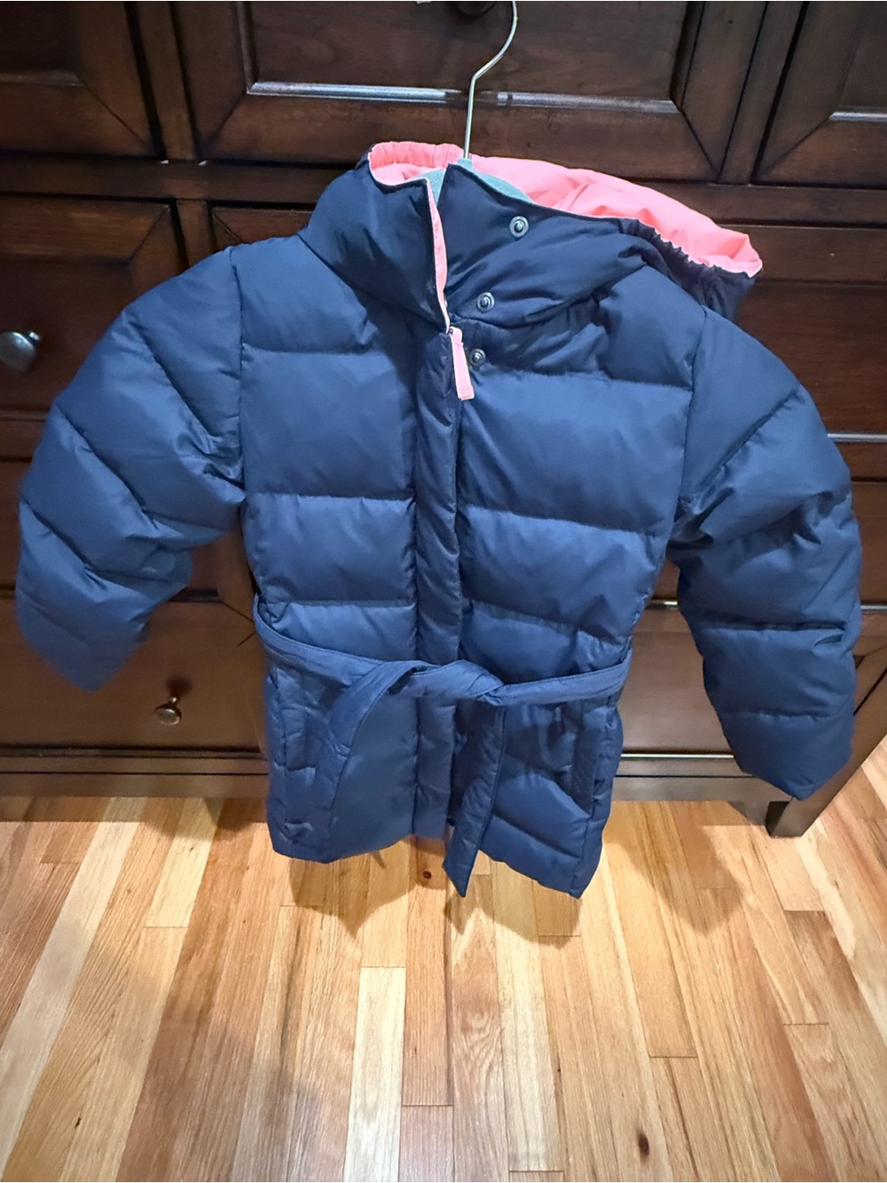 J. Crew Girls' Navy Puffer Coat with Pink Hood Lining